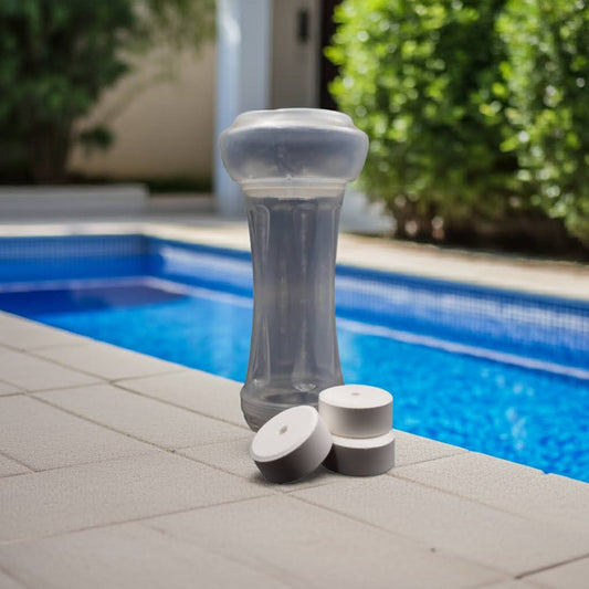 ghost floater on a poolside ledge with a pool in the background